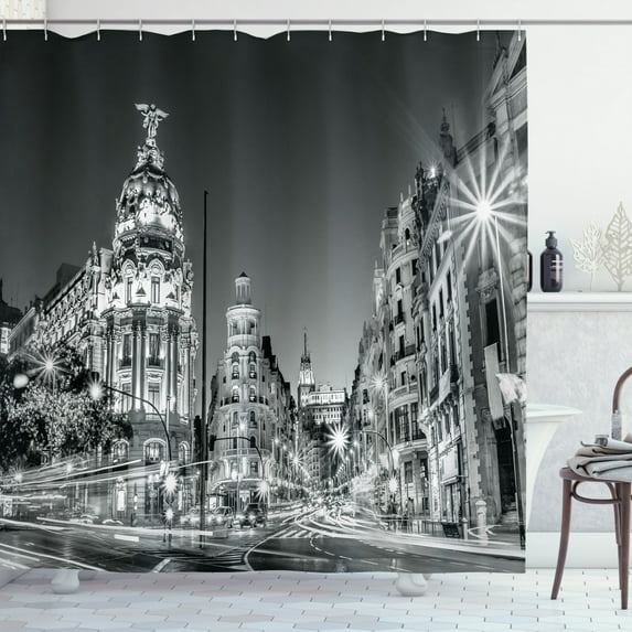 Ambesonne Black and White Shower Curtain, Madrid at Night, 69"Wx75"L, Black White Grey