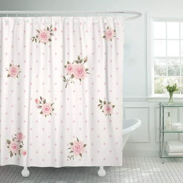 PKNMT Girlish Floral Polka Dot Shabby Chic Pattern Pink Roses Shower Curtain 60x72 inches