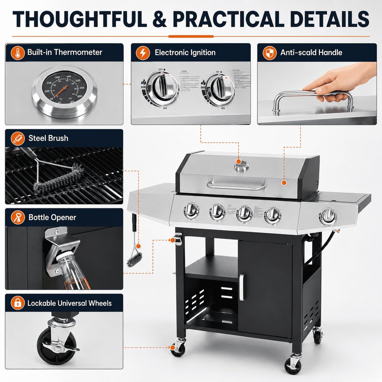 Seizeen 4 Burner Gas Grill with Side Burner, 50,000 BTU Stainless Steel BBQ Grill with Side Shelf, Tank Hook, Towel Rack & Bottle Opener, Outdoor Patio Propane Grill for Backyard, Camping