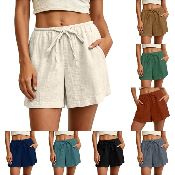 Gyujnb Women Casual Summer Shorts Double‑Layer Crinkle Gauze Drawstring Elastic Waist Shorts with Pockets,Beige