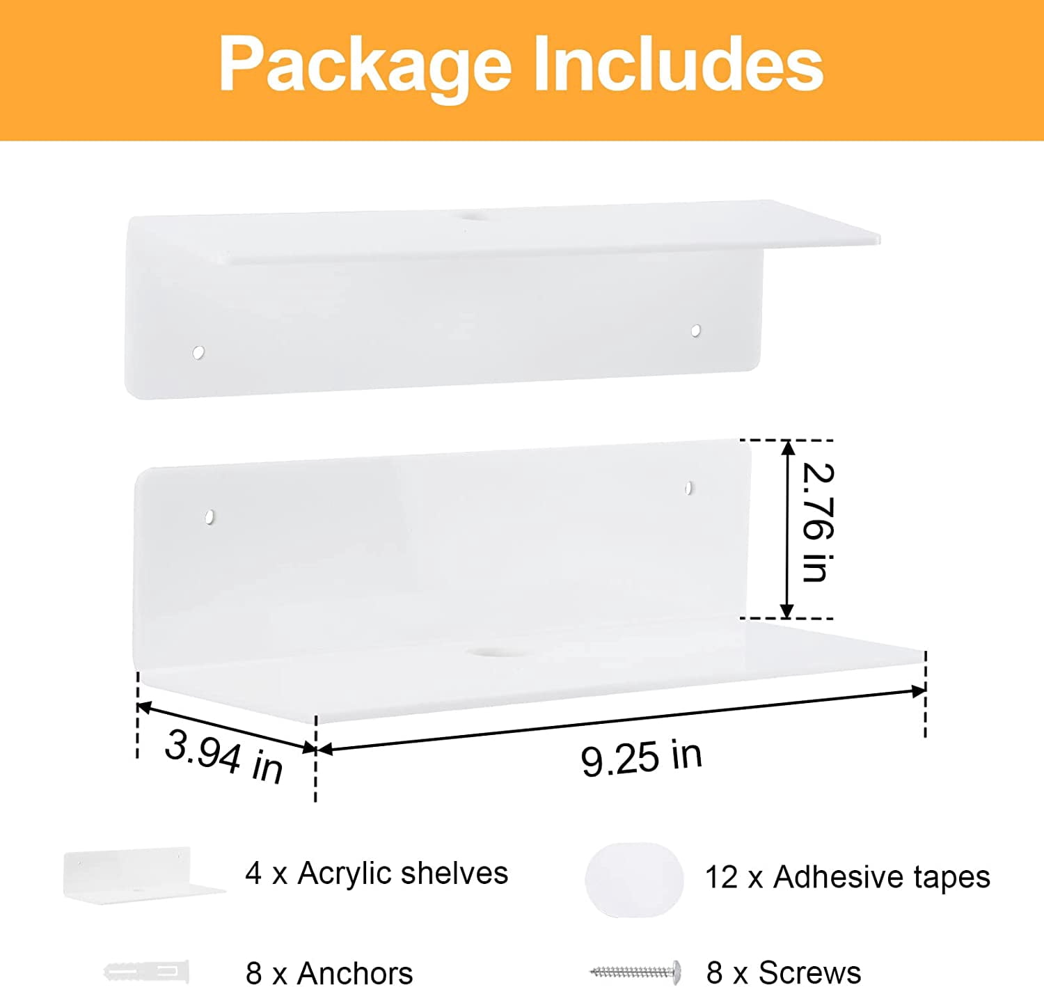 9 Inch Acrylic Floating Shelf No Drill Adhesive Wall Shelf Set of 4 for Funko Pop Storage, Floating Shelves Damage-Free Expand Wall Space for Living Room, Bathroom, Gaming Room, Office - White