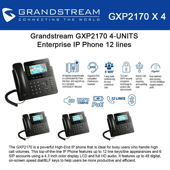 Grandstream GXP2170 4-UNITS 12 Line IP Phone, Color Display-VoIP