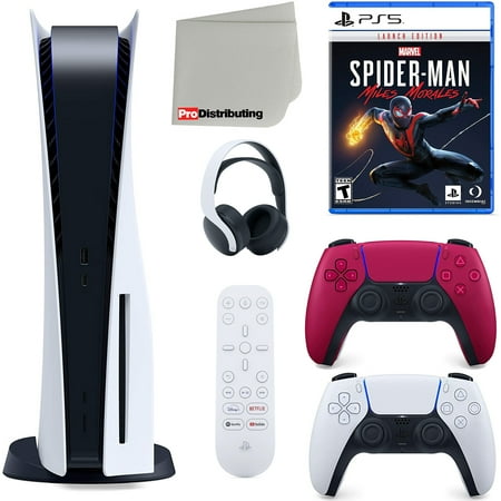 Sony Playstation 5 Disc Version (Sony PS5 Disc) with Cosmic Red Extra Controller, Headset, Media Remote, Marvel’s Spider-Man: Miles Morales Launch Edition and Microfiber Cleaning Cloth Bundle