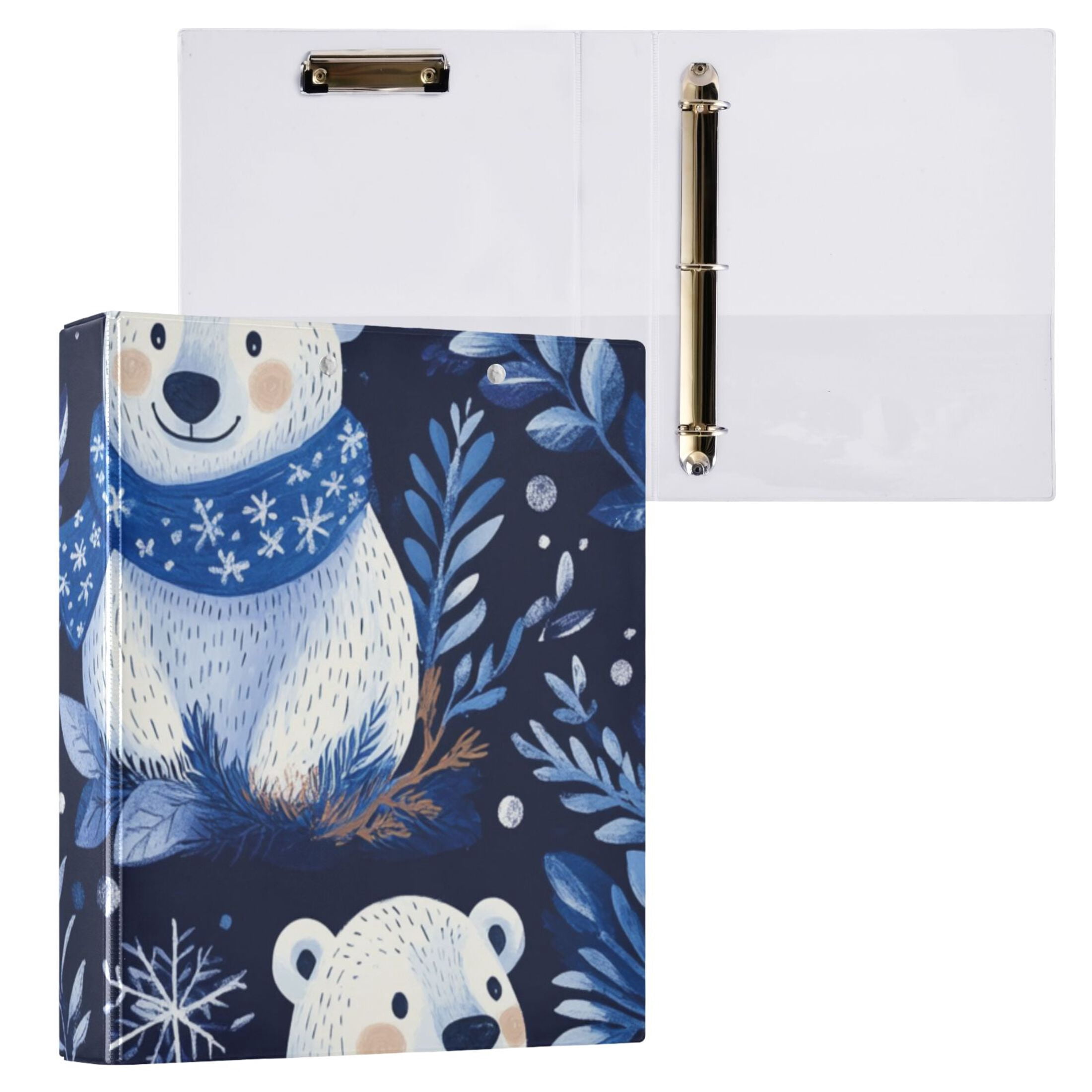 Polar Bears and Leaves 3 Ring Binders 1.5 inch Hardcover File Folders with Interior Pockets A4 Size Organizer for School Office Hospital