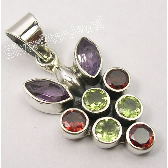 SilverStarJewel 925 Pure Silver Beautiful Multicolor Multistones Pendant 1.3" Gift For Friend