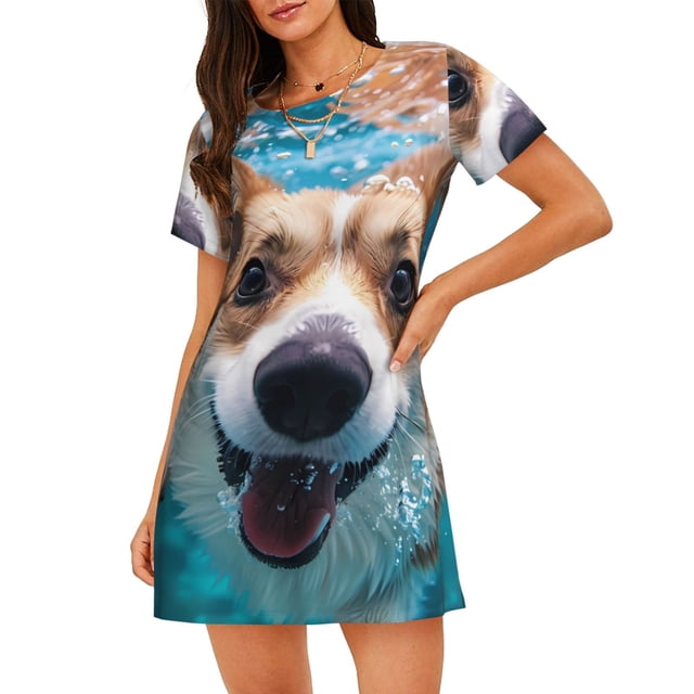 Fotbe Sea Swimming Corgi Bata de Dormir para Mujer con Estampado, Camisón de Algodón de Manga Corta, Ropa de Dormir Casual