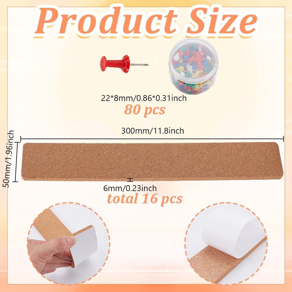 16 Pcs Rectangle Cork Board Strips Self Adhesive Cork Boards with 80 Pcs Plastic Push Pins Decorative Bulletin Board for Wall Office Home Kitchen 30x5x0.6cm(11.8x1.97x0.2inch)