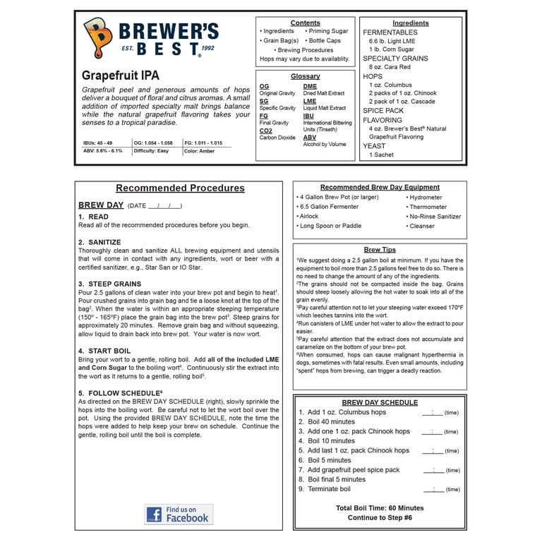 Kit Bière Pamplemousse IPA Brewers Best - Pour 5 Gallons (environ 19L) - Ingrédients Premium