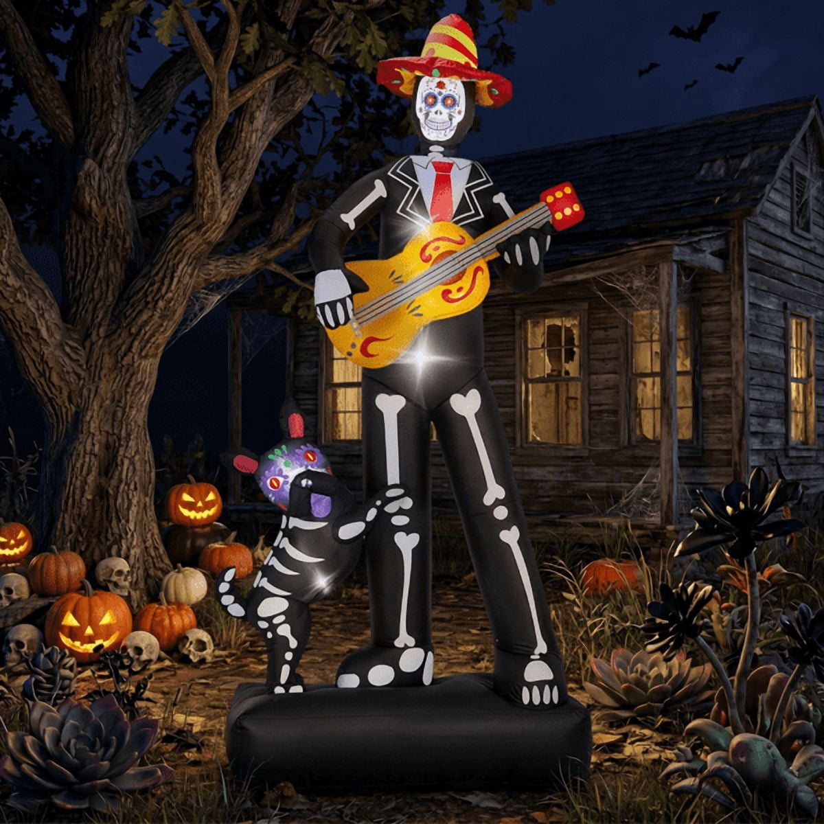 Alvantor 7.2 ft Day of the Dead Halloween Inflatable Decoration with Skeleton Musician, Dog and 6 LED Lights