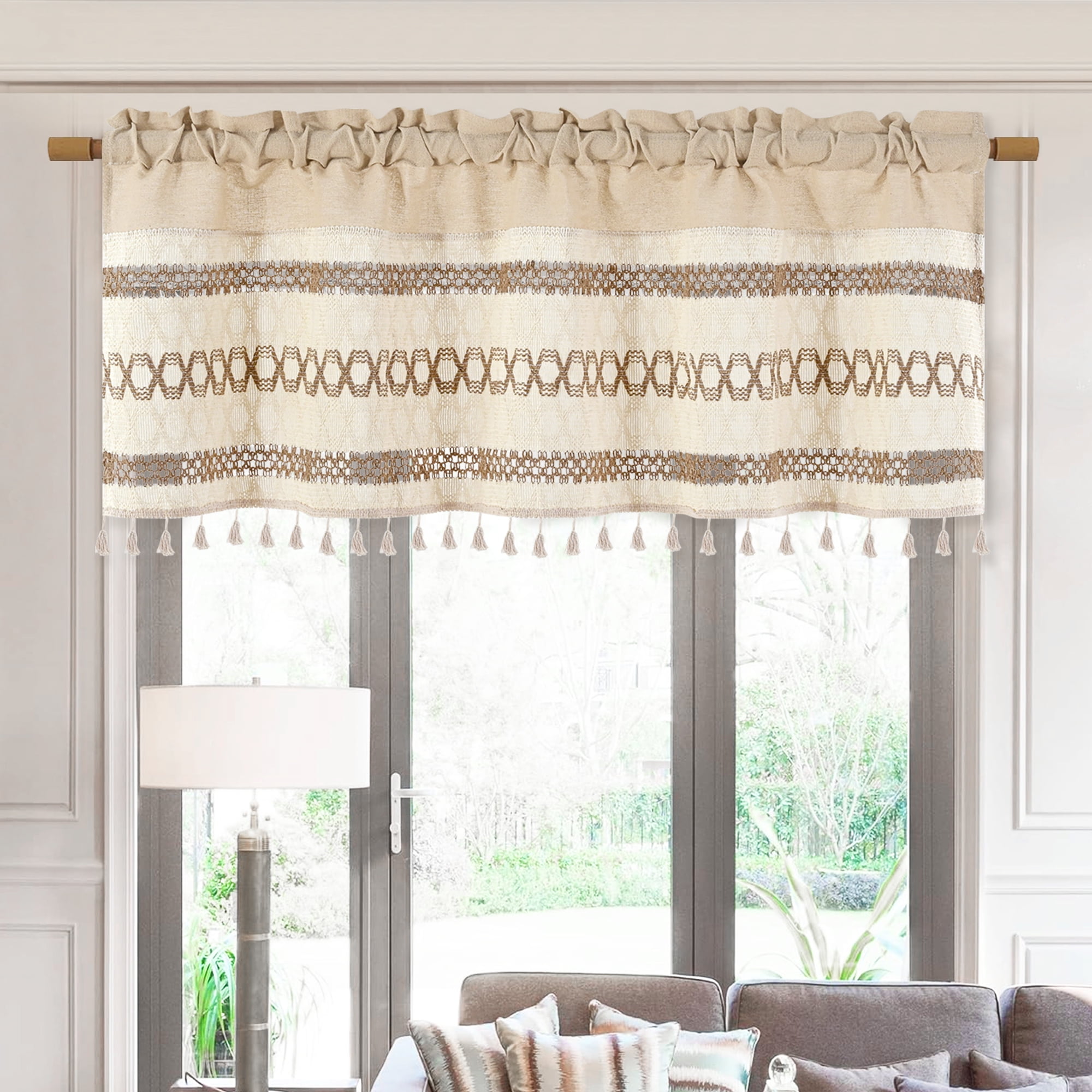 Alishomtll Boho Linen Valance Curtains 18 Inches Long Farmhouse Rustic Striped Window Drapes Macrame Burlap,Rod Pocket ,Beige ,with Tassel