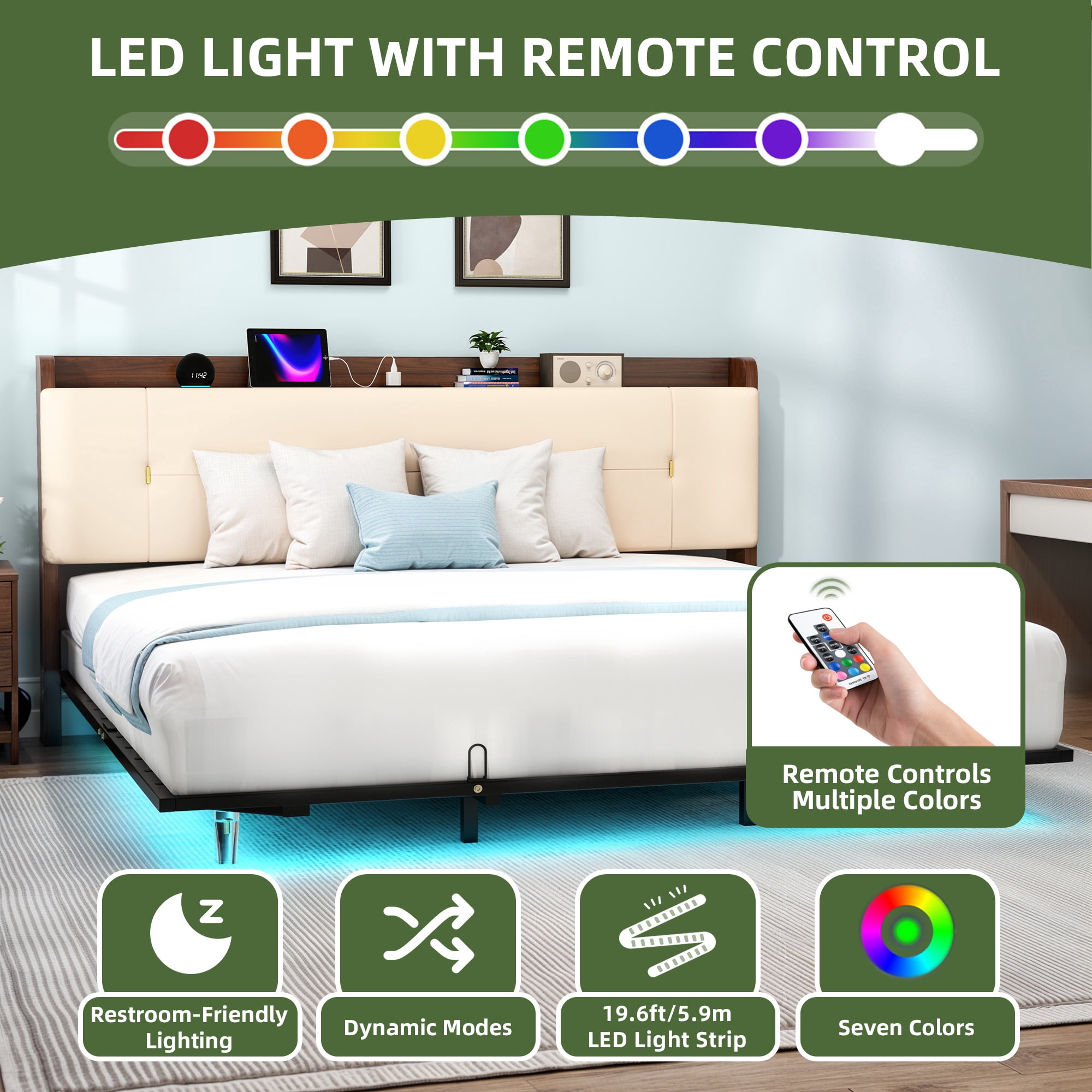 Uforic Beige Faux Leather King Bed Frame with LED Lights & Charhing Ports, Storage