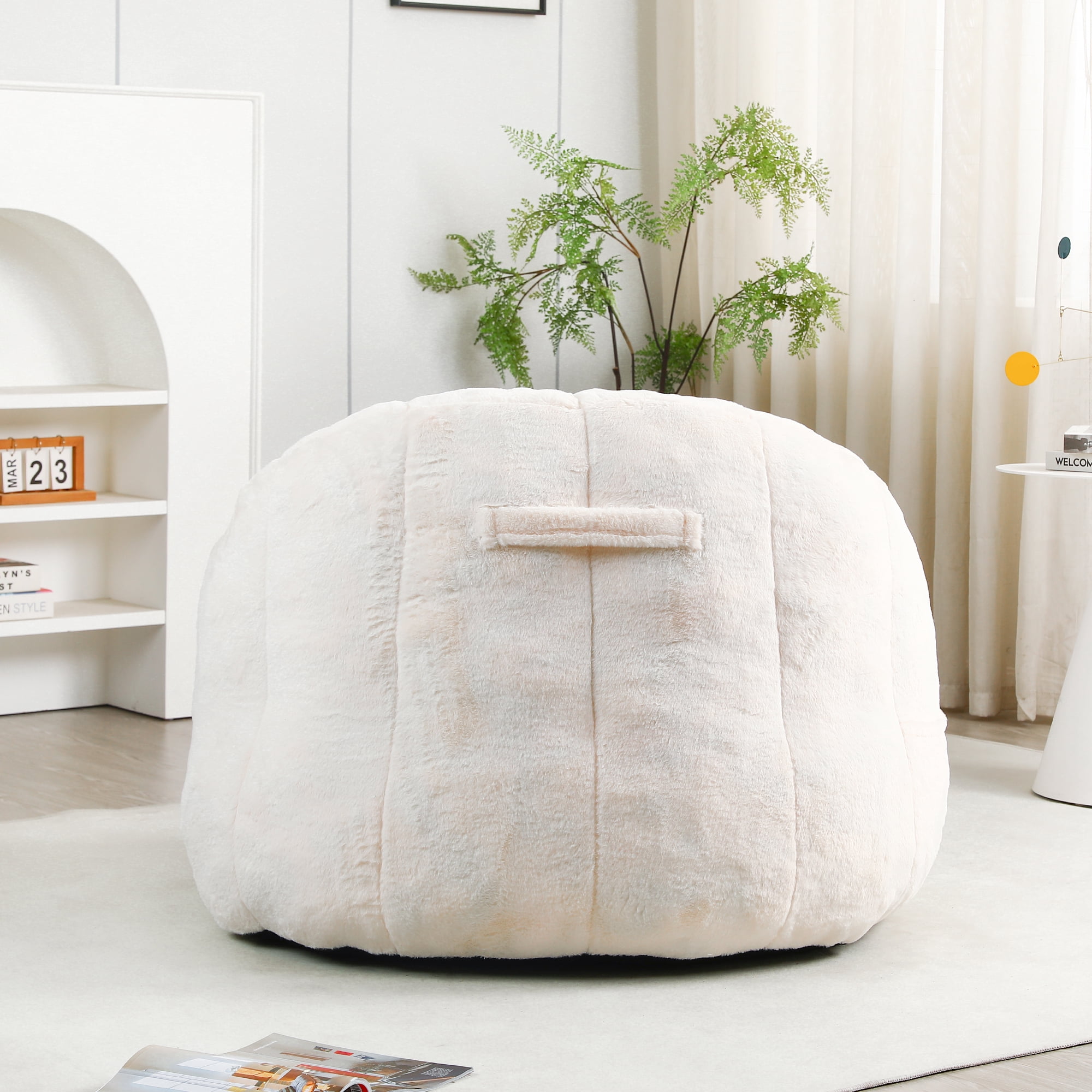 Bean Bag Chair with Armrests, Stuffed High-Density Foam, Lazy Sofa for Adults, Living Room, Bedroom, Reading, White Faux Fur