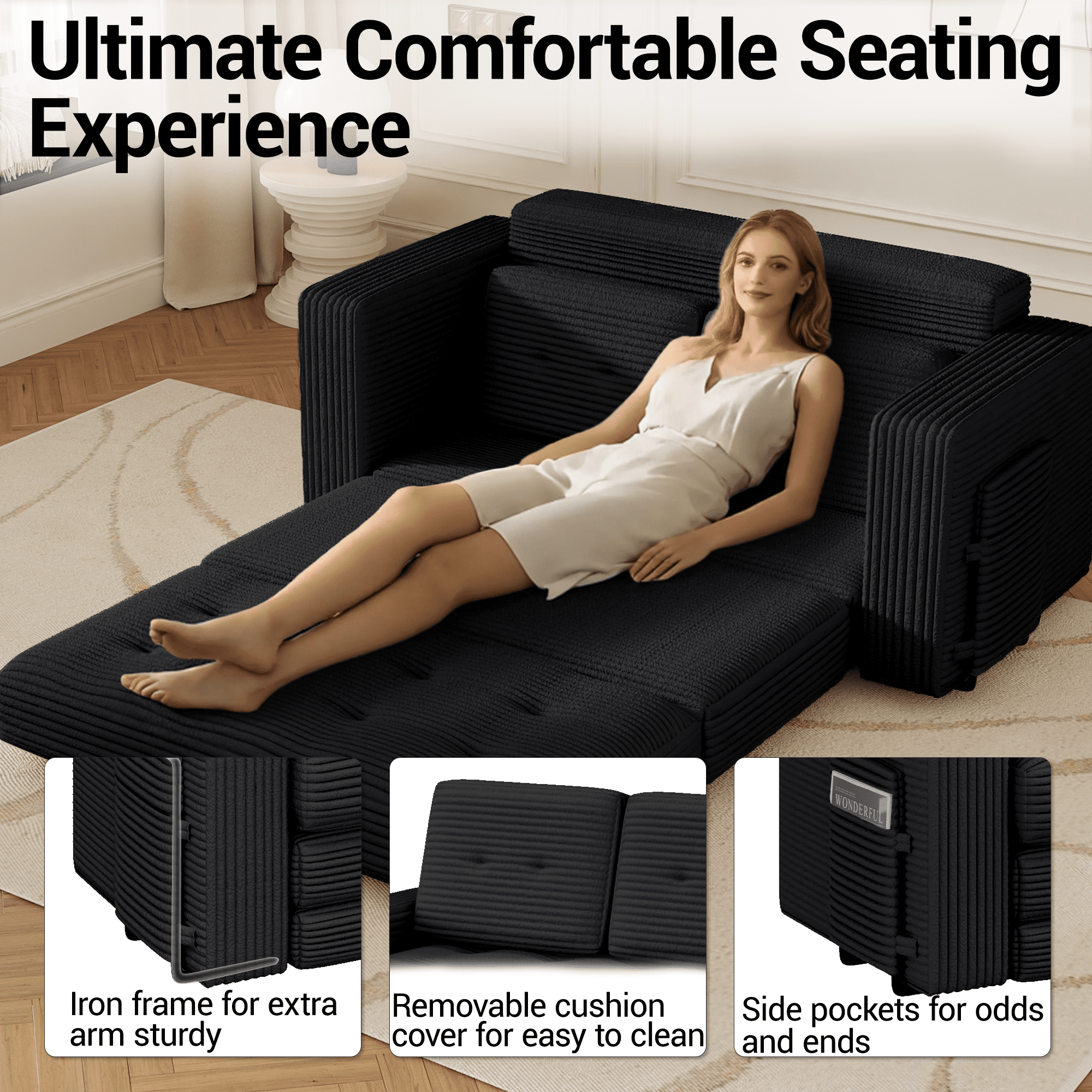WENTUM Pull Out Loveseat Boneless Couch,Sleeper Sofa, Folding Couch Bed with Pillow for Living Room Bedroom, Black