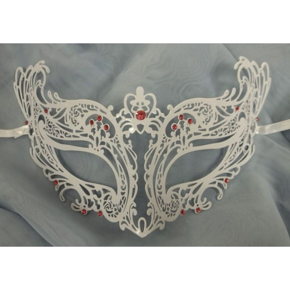 Royal Pink White Laser Cut Venetian Masquerade Metal Filigree Mask Rhinestones