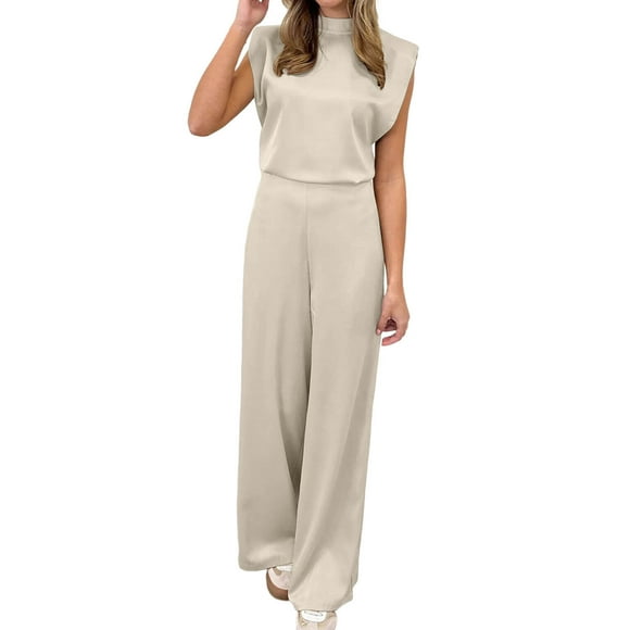 Fall Savings! SROBPTY Womens Casual Jumpsuits, Women's Solid Color Stand Up Collar Sleeveless Loose Satin Backless Wide Leg Jumpsuit Jumpsuit Beige, XS