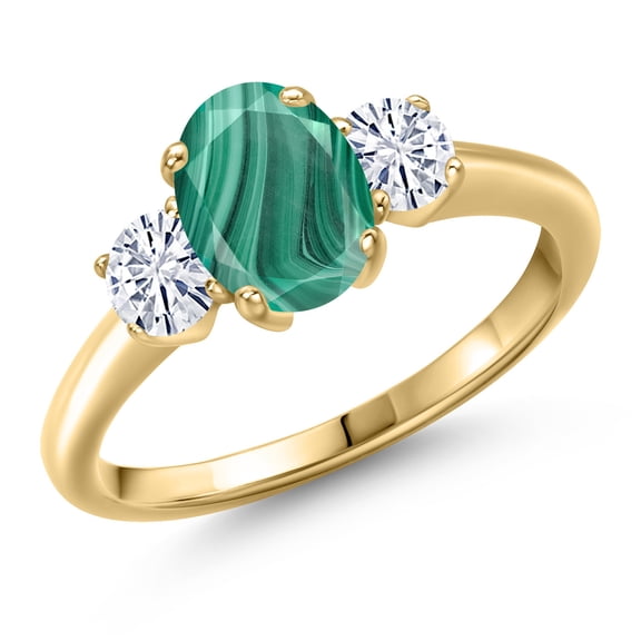Gem Stone King 10K Yellow Gold Green Malachite and White Moissanite Engagement Ring for Women | 2.46 Cttw | Oval 8X6MM | Gemstone Birthstone | Size 5