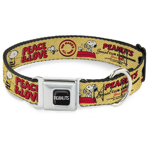 Peanuts Worldwide LLC Pet Collar, Dog Collar Metal Seatbelt Buckle, Peanuts Social Club Peace and Love Scenes Yellow Red, 9.5 to 13 Inches 1.0 Inch Wide