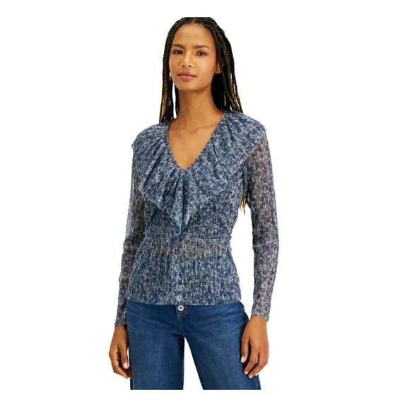 I.N.C Womens Ruffle Pullover Blouse, Blue, X-Large