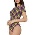 thumbnail image 2 of The Xecao Mardi Gras Plaid Women's Crew Neck Body Suit, a short-sleeved bodysuit and basic swimsuit, both comfort and style for dating and daily life, 2 of 9