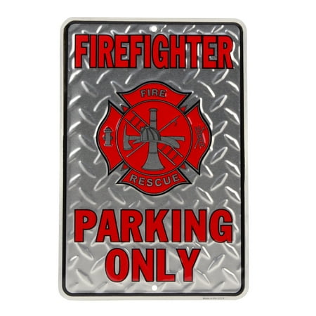 - Firefighter Parking Only Embossed Diamond Plate Tin Sign Wall Decor Fireman Gift