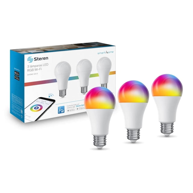 Steren SHOME-120/3 3 focos LED Wi-Fi multicolor, de 10 W, 2.4 GHz, luz RGB, dimeable desde app, para socket E27, compatible con Alexa y Google Assistant, timer