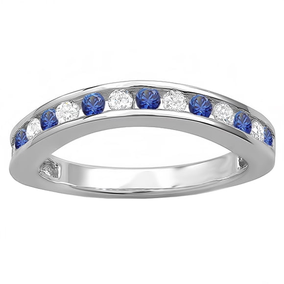 Dazzlingrock Collection 10K Round White Diamond & Blue Sapphire Ladies Curved Guard Matching Wedding Band, White Gold, Size 6