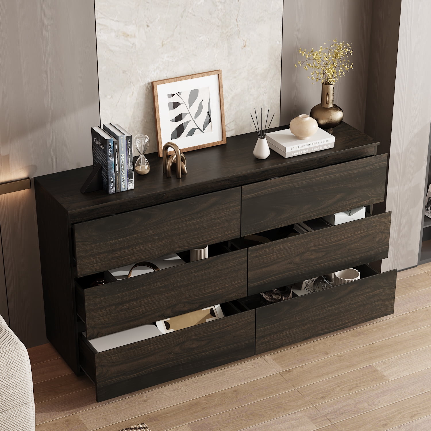 MONSLIPA 6 Drawer Dresser for Bedroom, Storage Organizer Chest of Drawers for Living Room Hallway Entryway, Brown