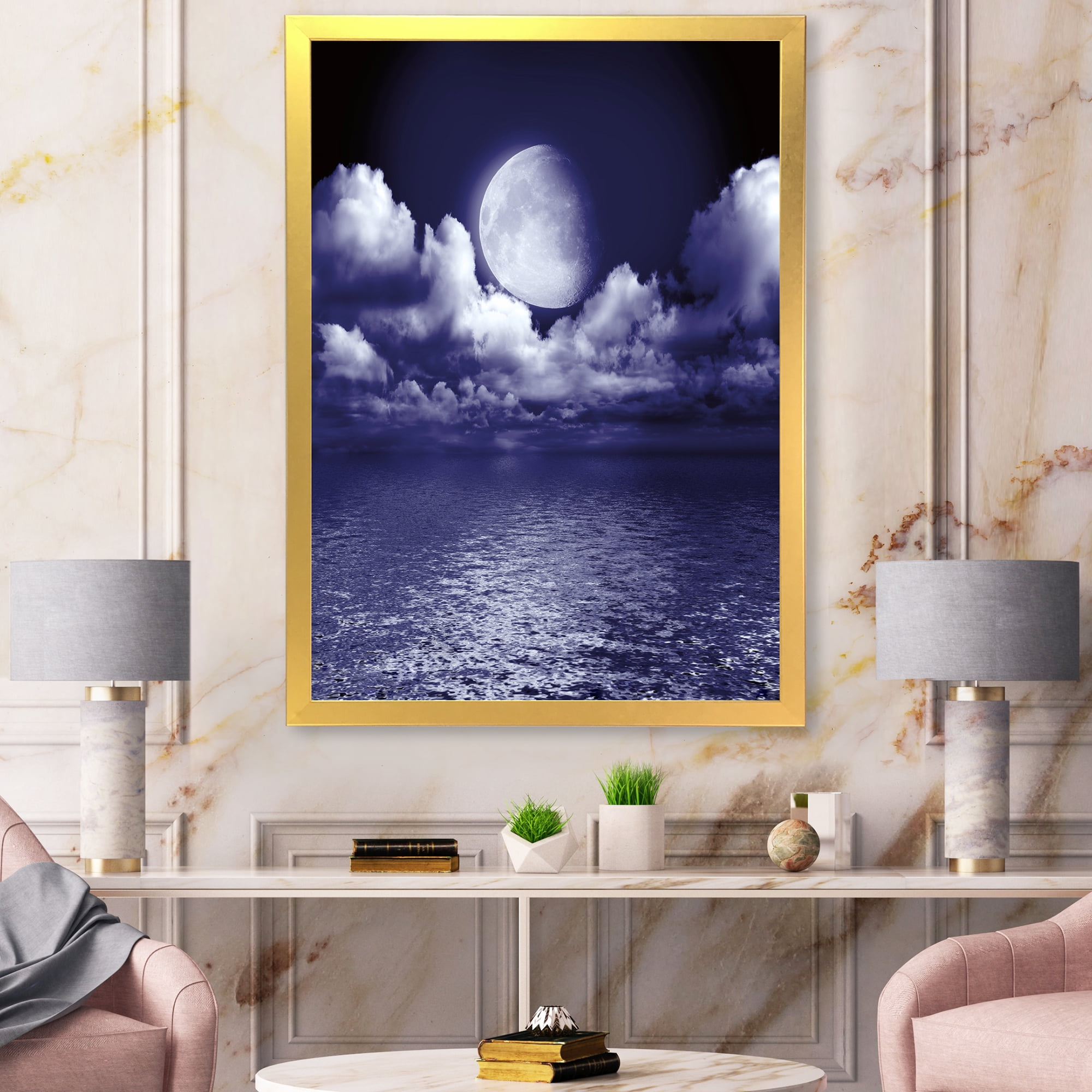 Designart 'Full Moon Night in Cloudy Sky V' Nautical & Coastal Framed Art Print