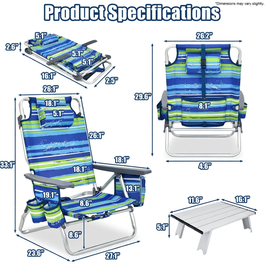 Hommoo 2-Pack Portable 5-Position Reclining Beach Chairs with Folding Side Table, Lightweight Aluminum Camping & Outdoor Chair Set, Blue