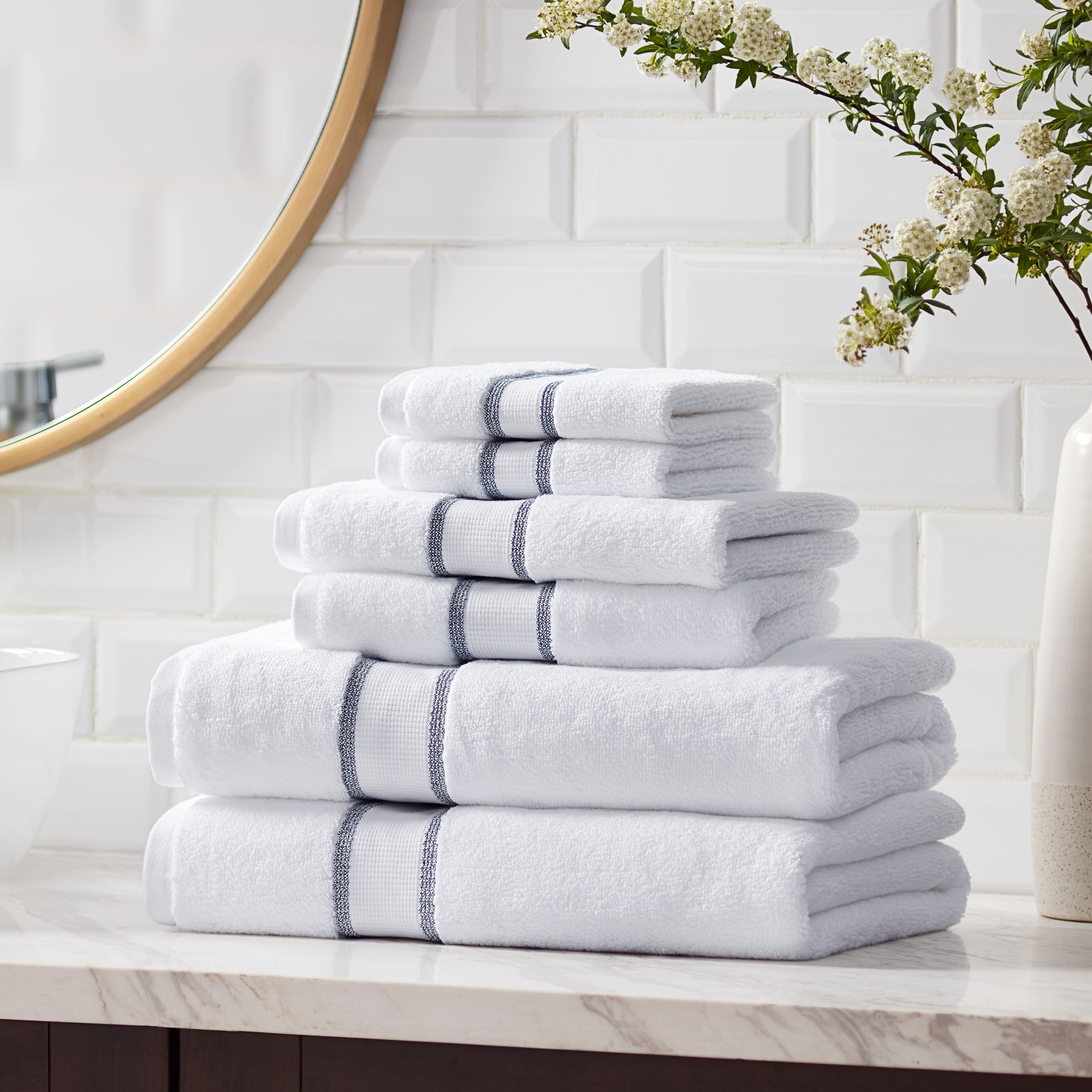 Hotel Style 6-Piece Egyptian Cotton Striped Bath Coordinate Towel Set, Marine Deep
