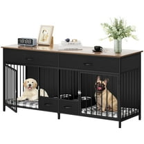 Dextrus Indoor Dog Crate Furniture Large Breed with Storage&Dog Feeder, Double Dog Kennel Furniture TV Stand, 74.8" Inch Wooden Decorative Dog Kennel Furniture for 2 Dogs, Black