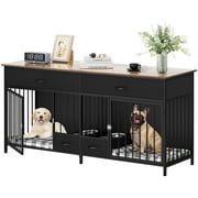 Dextrus Indoor Dog Crate Furniture Large Breed with Storage&Dog Feeder, Double Dog Kennel Furniture TV Stand, 74.8" Inch Wooden Decorative Dog Kennel Furniture for 2 Dogs, Black