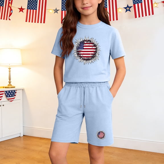 dazeni Boys 4th of July Outfit Kids American Flag Short Sleeve T-Shirt & Shorts Set for Independence Day Light Blue 5 Years