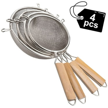 Mirdinner 4Pcs Fine Mesh Strainer with Non Slip Wooden Handles, Stainless Steel Sifter Metal Strainer Set for Kitchen, Perfect for Strain Pasta Rice Food Flour Baking