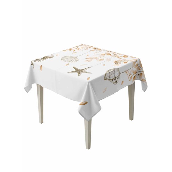 Orange Coastal Suqare Tablecloth - 54 x 54 Inch, Summer Eucalyptus Leaves Beach Ocean Starfish Waterproof & StainResistant Tablecloth, Oil-proof Table Cover for Dining/Party/Wedding/Camping/Buffet