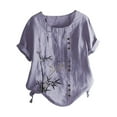 thumbnail image 2 of Fashion Womens Tops Retro Bamboo Print Casual Loose Cotton Linen Short Sleeve Pullover T Shirt PP1, 2 of 3