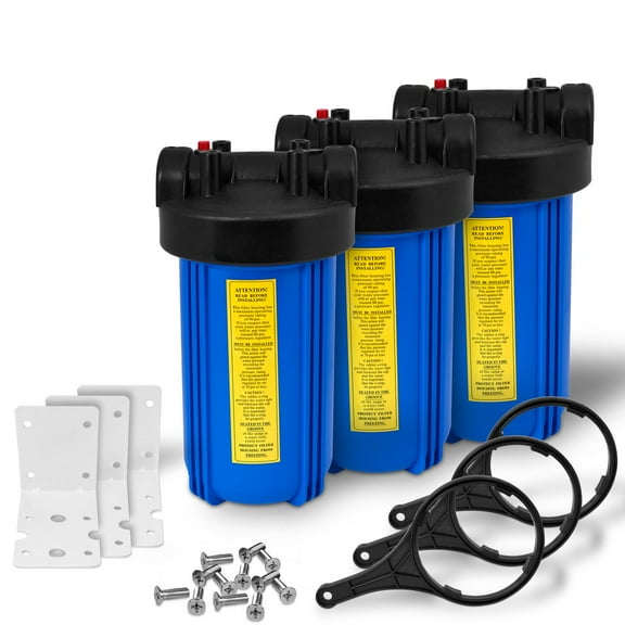 10" Big Blue Housing for Whole House Water Filtration System, 1 Brass Port   Mounting Hardware (3 Pack)