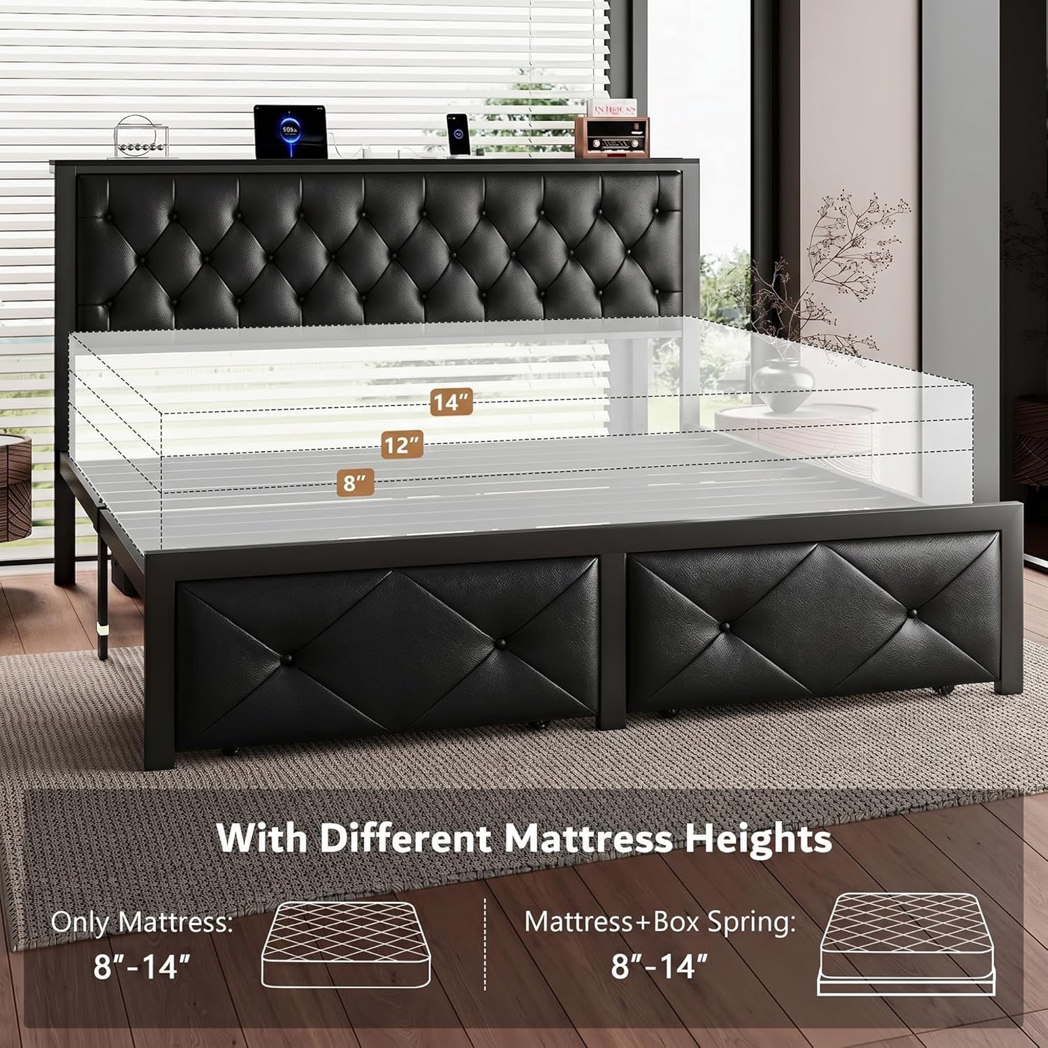 Honfach King Bed Frame with Storage Drawers, PU Leather Upholstered Platform Bed Frame with Charging Station, No Box Spring Needed, Heavy-Duty Metal Slats Support, Noise-Free, Easy Assembly, Black