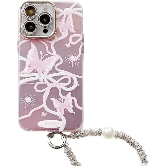 Designed for iPhone Case,Luxury Butterfly Pink Pattern (Glitter Lens Protector) with Hand Bracelet Shockproof Protective Cover Phone Case (iPhone 13,Pink)