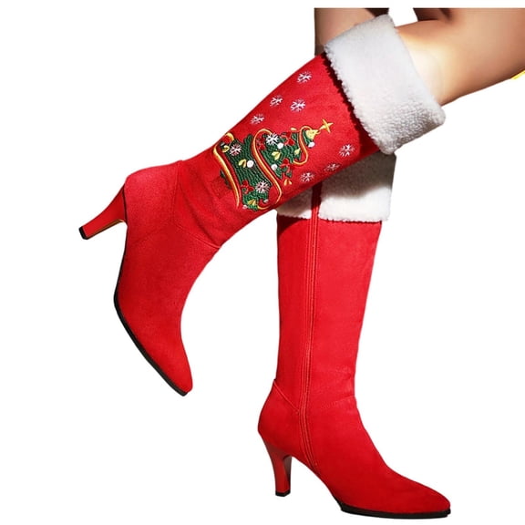 XUNKUSGA Knee High Boots Vintage Christmas Tree Snowflake Embroidery Faux Suede Womens Boots Fashion Pointed Toe Stiletto Heel Side Zipper Boots for Women Party Holiday Boots Red 4.5