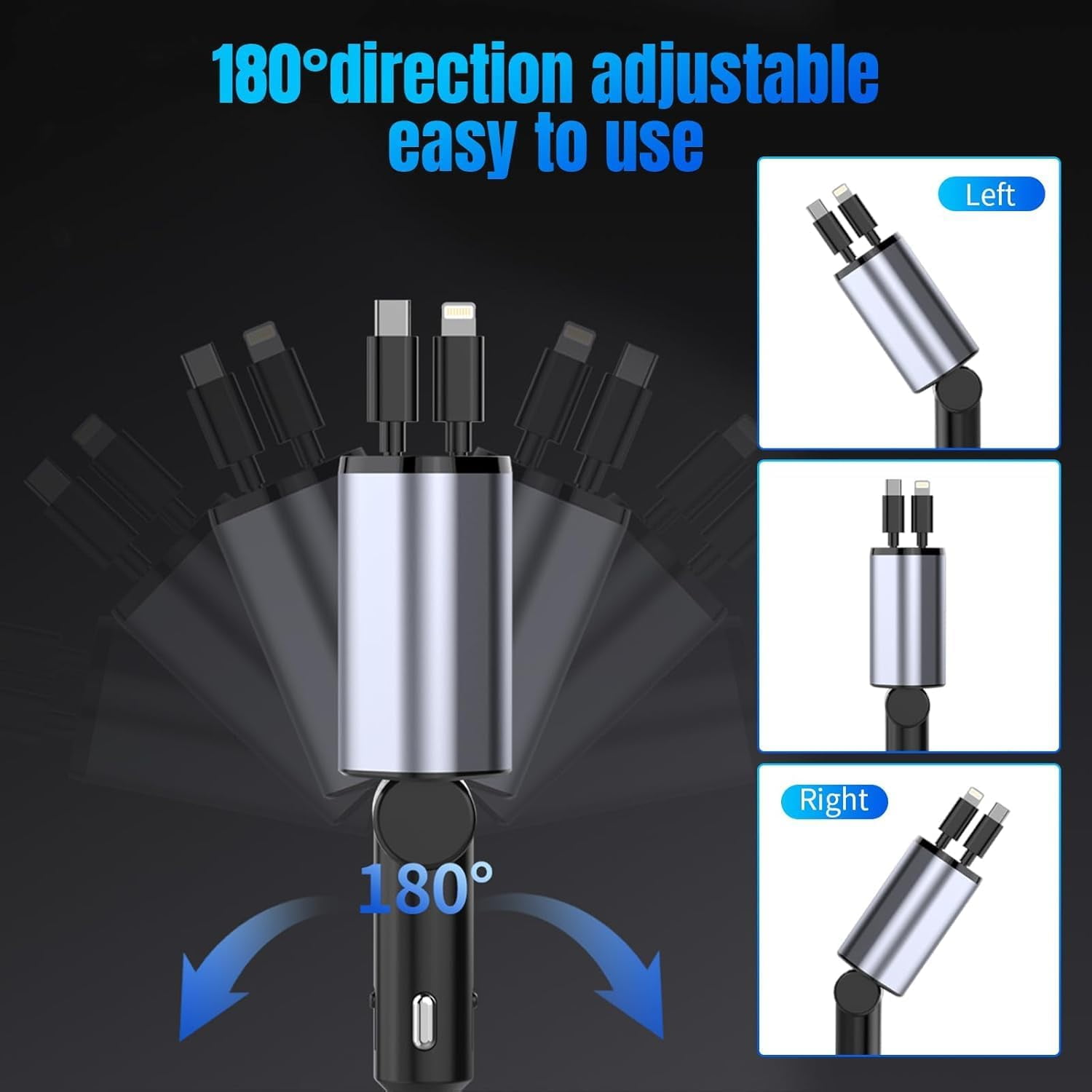Ibksdj Retractable Car Charger, 120W 4-in-1 PD33W and QC3.0 Ultra Fast Charging car Phone Charger, with 2.6ft Fast Charging Cable, Suitable for iPhone 17，16, 15, 14, 13, 12 Pro Max
