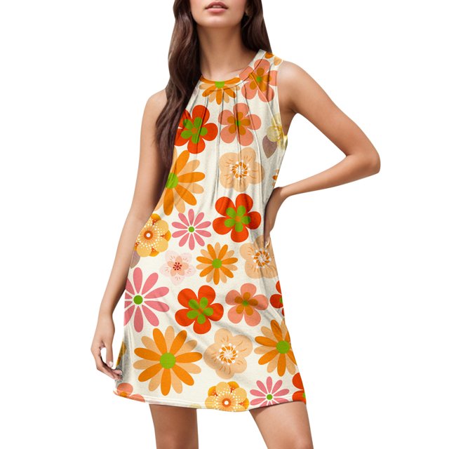 WILLBEST Vestidos De Verano Para Mujer, Vestido Informal De Verano Con Estampado Para Playa, Elegante, Flotante, De Longitud Media, Con Cuello Redondo Y Sin Mangas