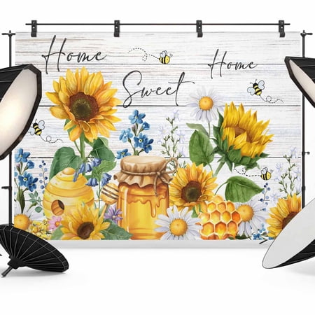 Sunflowers Honey Photography Backdrop 8x6FT Daisy Blue Flower Bee Home Wood Striped Photo Backdrops Background for Photography Studio Photo Studio Background Back Drop for Photoshoot