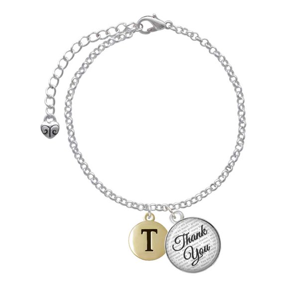 Delight Jewelry Goldtone Capital Letter - T - Pebble Disc - Domed Thank You Charm Bracelet, 6" 2"