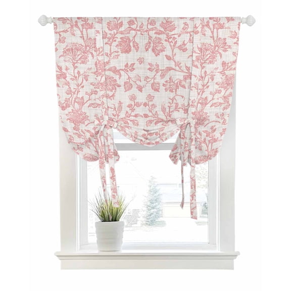 Farmhouse Flower Tie Up Curtains for Window, Thermal Insulated Balloon Shade Adjustable Rod Pocket Curtains Valance Panels for Kitchen Bathroom Cafe 52 x 63 Botanical Vintage Coral Red Leaf Plant