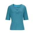 thumbnail image 4 of T-shirt à Boutons à Col Rond pour Femme, Manches Courtes, Coupe Ample, Manches Roulées, Haut Basique Décontracté d'Été, Bleu, G, 4 of 8