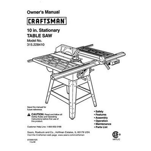 Instruction Manual ONLY for Craftsman 315.228410 Table Saw Owners Instruction Manual REPRINT