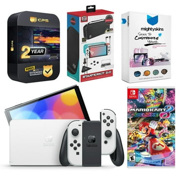 Nintendo Switch White OLED Console with Mario Kart 8 Deluxe, Surge Accessory Gaming Kit, MightySkins Console and Controller Skin Voucher, and 2 Year CPS Extended Warranty