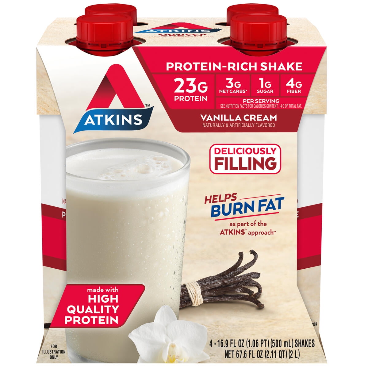 Atkins Meal Size Protein-Rich Shake, Vanilla Cream, Keto Friendly, 4 Count