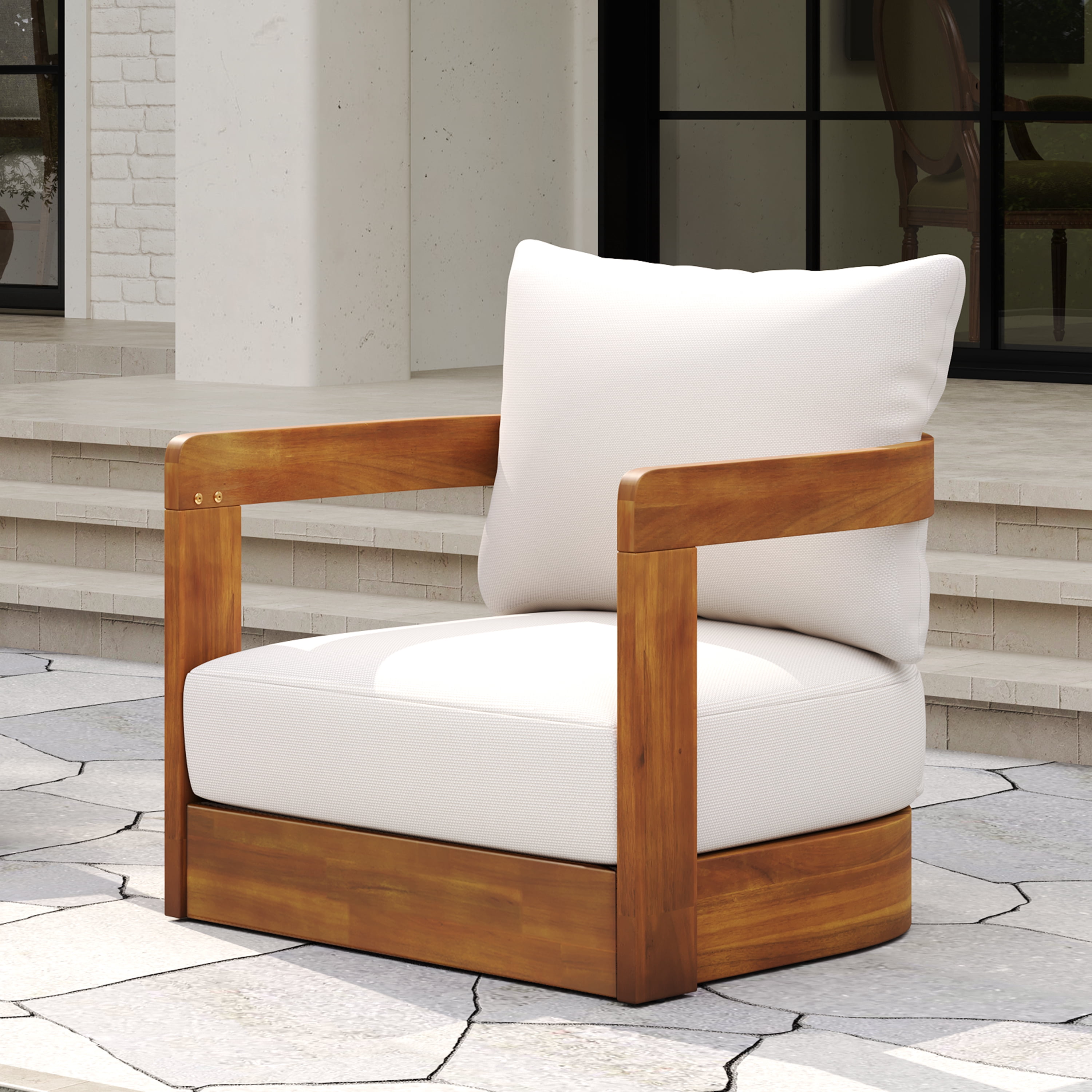 Tub Style Club Chair, Acacia Wood Outdoor Chair with Water-Resistant Cushions for Patio, Teak and Beige